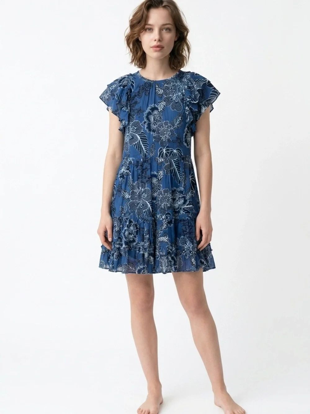 LOVE THE LABEL | REVOLVE Blue Floral Ruffle-Sleeve Mini Dress Women’s Size Small